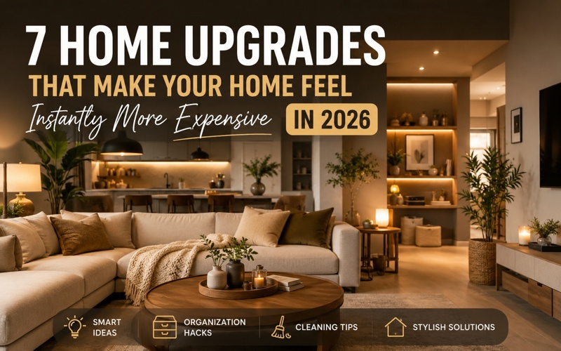 Modern cozy living room with warm ambient lighting, minimalist furniture, and stylish home decor illustrating smart home upgrades and luxury interior design trends for 2026.